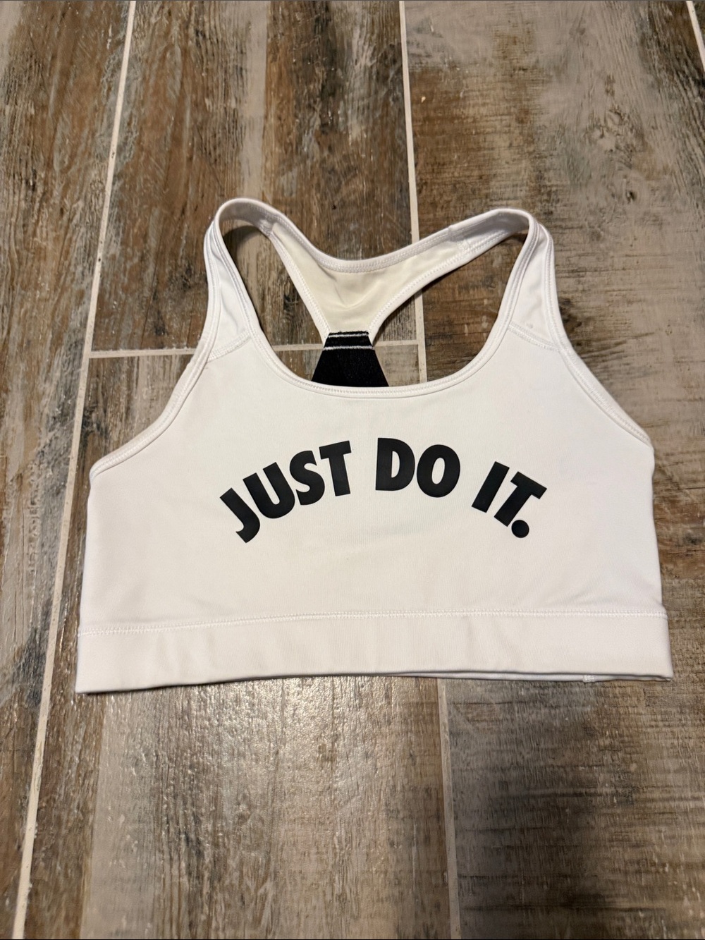 Nike White Racerback Sports Bra with Black 'JUST DO IT.' Logo